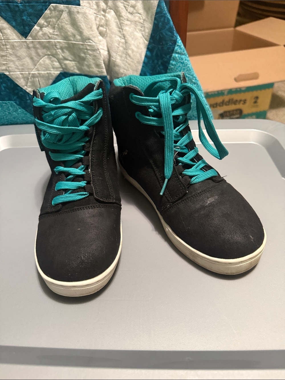 Black Motorcycle High-Top Sneakers with Teal Laces